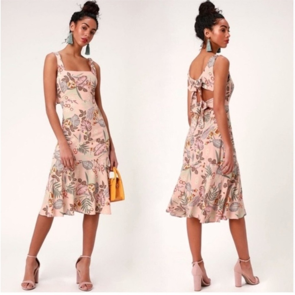 Lulus Island Sun Blush pink tropical print Tie-Back midi dress Size Medium